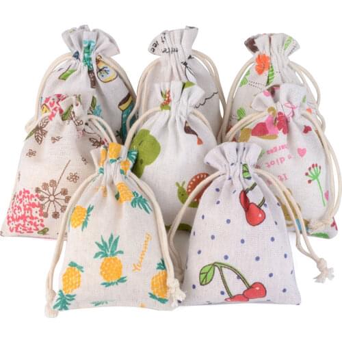 10pcs/lot Drawstring Jute Burlap Floral Print Bag Gunny Lovely Pattern For Jewelry Packaging Christmas/Wedding Gift Candy Bags