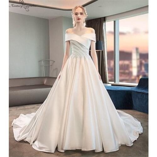 Elegant Satin Wedding Dresses 2020 Off Shoulder Lace Up Pleats A-Line Simple Bridal Gowns Bride Dress Vestido De Noiva Cheap