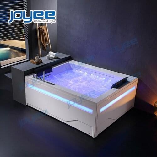 JOYEE Fashion Style White Acrylic 2 People Spa Tub with Led Light Strip Freestanding Jetted Bath Whirlpool Massage Bathtub