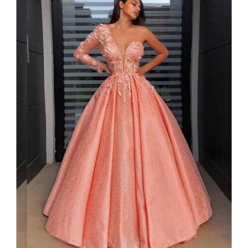 Lace prom dresses 2021 sweetheart neckline one shoulder long sleeve lace evening dress coral party dress