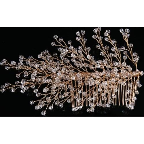 Fashion Female Gold Crystal Beads Hair Comb Headpiece Bride Tiara and Crown Headdress Wedding Bride Hair Jewelry Accessories SL