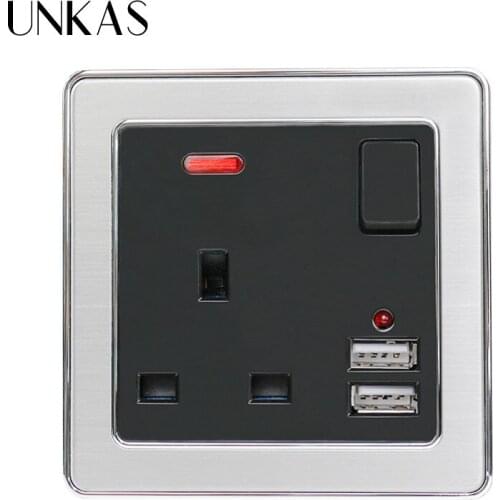 UNKAS Stainless Steel Frame Black Outlet Wall Power Socket UK Standard Socket With Neon 2.1A Dual USB Charger Port