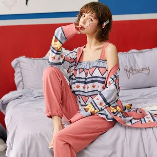 New Cute Printed 3 Piece Set Women Cotton Pajamas Sets Summer Sleepwear Home suit Sleeveless Lounge Wear Nightwear Autumn Pijama