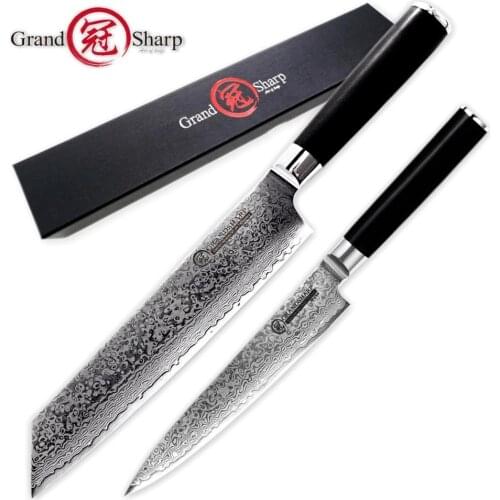 Damascus Kitchen Knives 2 Pcs Knife Set Japanese Damascus Steel Chef Utility Knife 67 Layers vg10 Japanese Damascus Knife Sharp