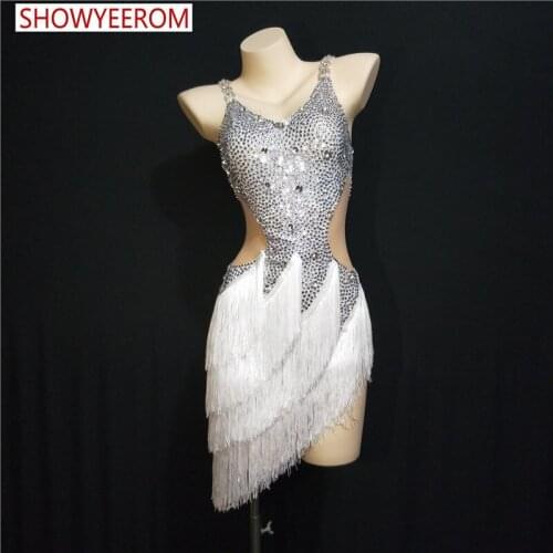 Woman sexy rhinestone fringed dress singer stage dance nightclub show model Latin dance hula show dress