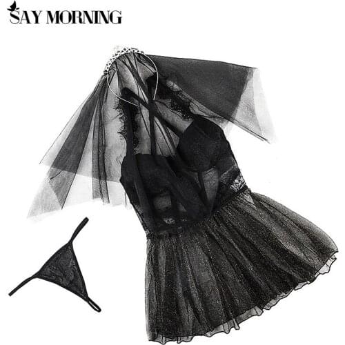 SAY MORNING Sexy Erotic Lingerie Women Lace Hollow-out Night Dress Mujer Sexy Pajamas 3pcs Sets Sleepwear+Diamond Veil+Brief
