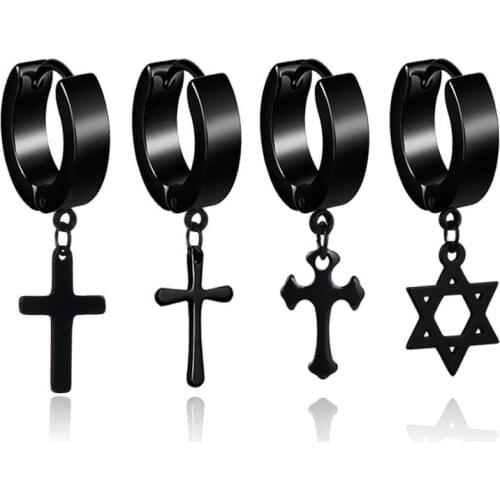 1 Piece Men Cross Stars Pendant Punk Round Cartilage Stainless Steel Earring For Men Piercing Stud Earrings For Women