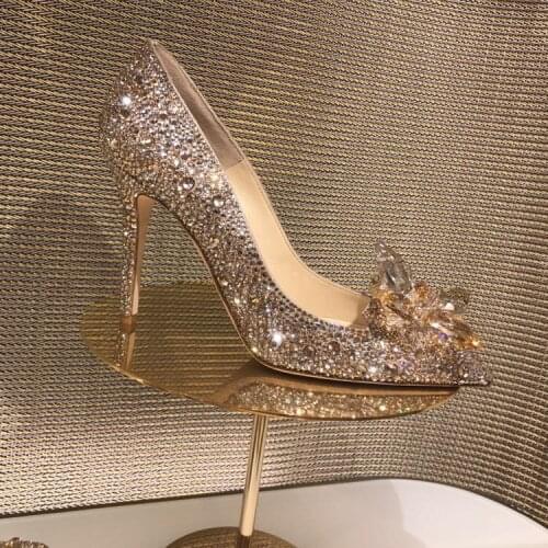 Туфли же New Rhinestone High Heels Cinderella Shoes Women Pumps Pointed toe Woman Crystal Wedding Shoes 7cm 9cm heel Gold Silver