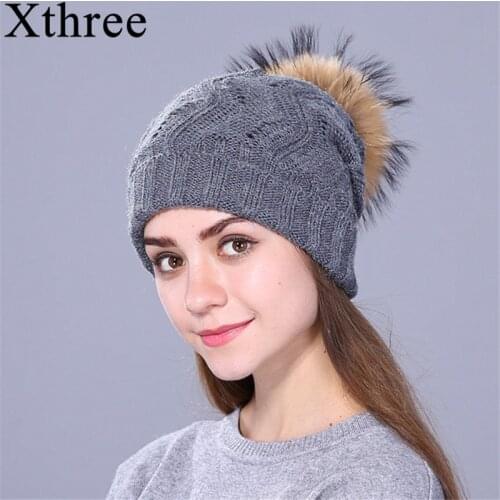 Xthree Real Raccoon Fur Pom Pom Hat Female Knitted Winter Hats For Girls Thick Gravity Falls Womens Cap Skullies Beanies