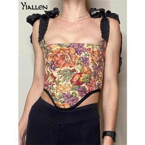 Yiallen Summer Women Fashion Print Bow Bandage Cute Sweet Vintage Camisole New Slim Stretch Sexy College Style Cropped Top Hot