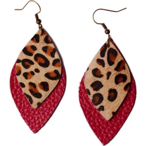 Rainbery 2 Layer Leopard Leather Earrings For Women Real Leather Waterdrop Big Long Earring Hanging Fashion Leaf Dangle Earrings