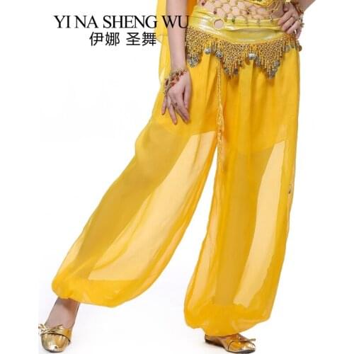 Indian Dance Pants Womens Harem Pants Belly Dance Chiffon Sequins Hanging Coins Bloomers 1pc Dance Performance Pants 10 Colors