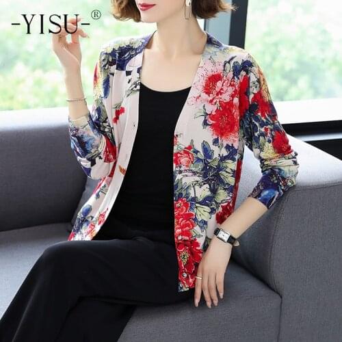 YISU Autumn Winter Long Sleeve V-Neck Loose Cardigan Women Knitted Sweater Coat Flower Print Sweater Cardigan Women