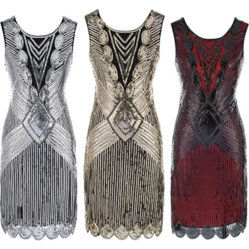 Free shipping Quanzhou Walson Women Sequins Dress round neck tassels Beaded Party Dress 1920s Vintage Ballroom Gold Dresses