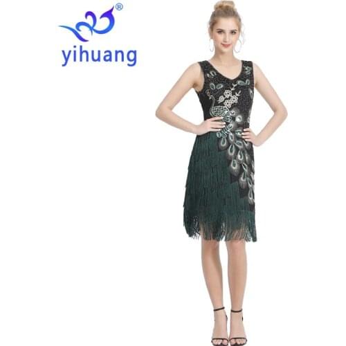 Women Art Deco Great Gatsby Inspired Tassel Beaded 1920s Flapper Dress V-neck Sequin Beading Vintage Dresses