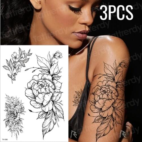 3pcs/lot fake tattoos stickers arabic temporary tattoo arm sleeves tattoo Black and white sketch flower design body art tattoo