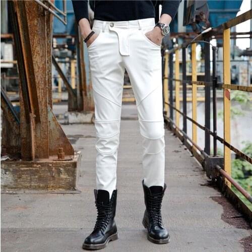 White leather pants mens feet pants Plus velvet thick elastic fashion motorcycle pu trousers men personality pantalon homme