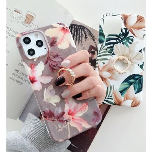 MrenewedM Retro Flower Leaf Phone Case For iPhone 12 11 Pro X XR XS Max 12 Mini 7 8 Plus SE 2020 Ring Stand Soft IMD Back Cover