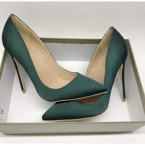 Blackish Green Silk Pumps Women Sexy Mature Classics 12cm High Heel Pointed Toe Wedding Shoes plus size 45 BM003 CHENSIR9