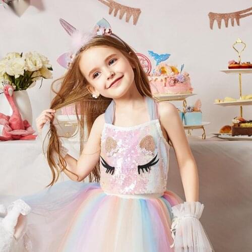 Princess Kids Girl Clothing Set Unicorn Cartoon Sequin Top and Rainbow Tulle 2PCS Suit for Birthday Party 6 8 Years
