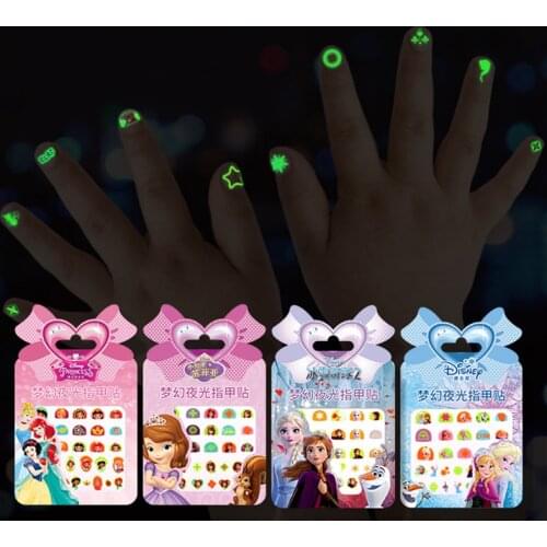 Girls Cartoon Frozen 2 Elsa Anna Glow In Dark Nail Stickers Makeup Toys Princess Sofia Minnie Kids Luminous Stickers Accessories