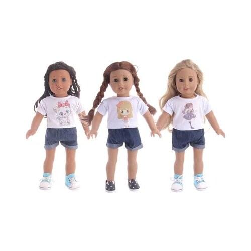 2021 New Pattern Clothes Cartoon Doll Short Sleeve Jeans Suit Fit 18 Inch American&43cm Baby New Born Doll Clothes Accessories