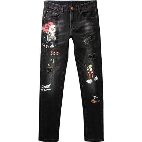 European American Street Fashion Men Jeans Black Color Elastic Slim Fit Ripped Jeans For Men Printed Designer Hip Hop Punk Pants