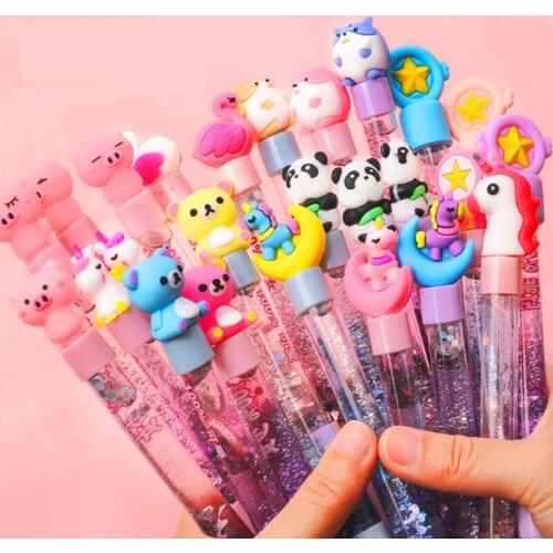 24 pcs/lot Unicorn Flamingo Pig Panda Bear Quicksand Oil Gel Pen Cute Black ink Neutral Pens Office School Writing Supplies gift