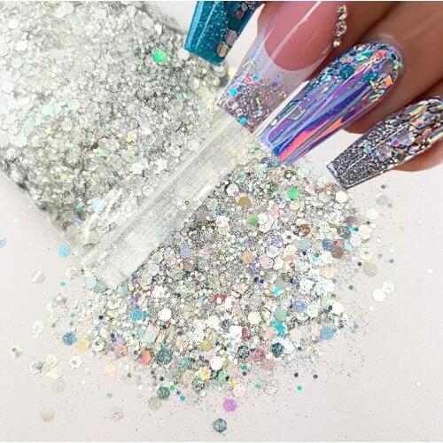 50G Holographic Mixed Hexagon Shape Chunky Nail Glitter Silver Sequins Laser Sparkly Flakes Slices Manicure Nails Art Decoration