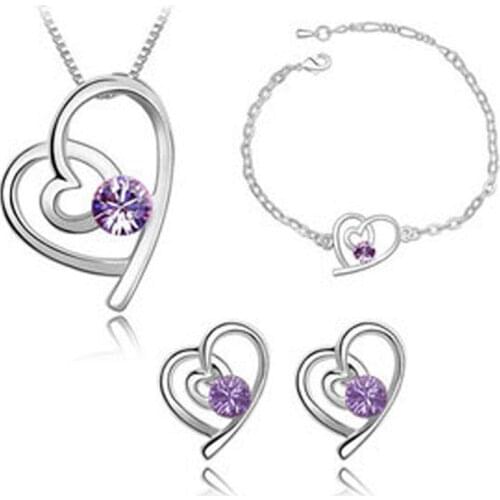 Light Purple Natural Crystal Jewelry Set Necklace Earring Bracelet, Real 925 Sterling Silver Lady Engaged Bride Christmas Gift