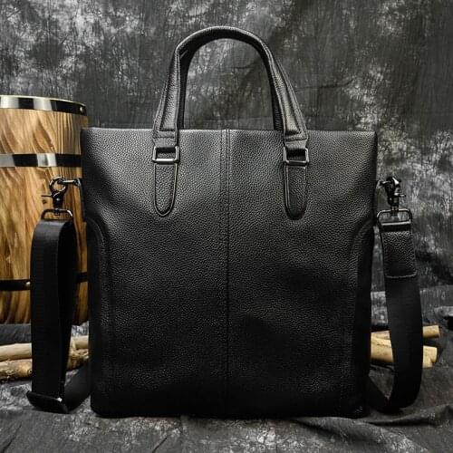 Mens genuine leather tote bag black cow leather A4 business bag Real leather messenger bag 2 use casual bag vertical briefcase
