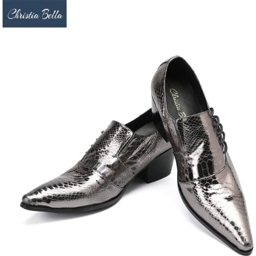 Christia Bella High Heels Designer Business Men Dress Shoes Genuine Leather Men Oxfords Shoes Italian Pointed Toe Brogue Shoes