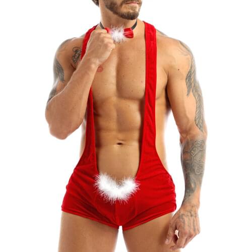 Men Gay Christmas Costume Racer Back Bulge Pouch Soft Velvet Leotard Jockstrap Underwear Jumpsuits Wrestling Singlet with Bowtie