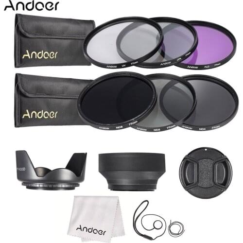 Andoer 77mm Camera Lens Filter Kit UV+CPL+FLD+ND2 4 8 with Lens Hoods / Cleaning Cloth/Carry Pouch / Lens Cap / Lens Cap Holder