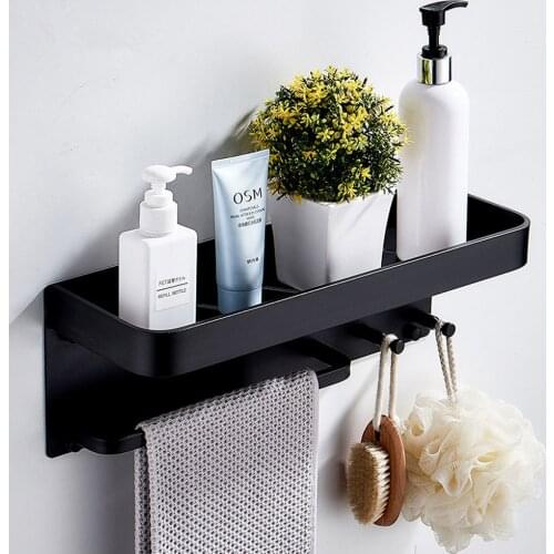Black Silver Bathroom Shelf Shower Caddy Wall Mount Shelves with Bar Aluminum Bath Floating Rack Stand for Shampoo Towel Storage