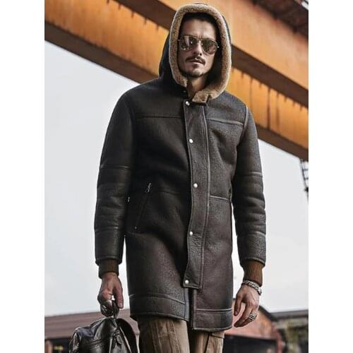 2019 New Mens B3 Shearling Jacket Hooded Sheepskin Coat Long Fur Coat Leather Jacket Mens Thick Winter Coat