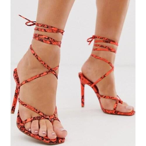 2020 fashion new womens shoes Europe and America with lace high heels snake pattern square head toe stiletto sandals