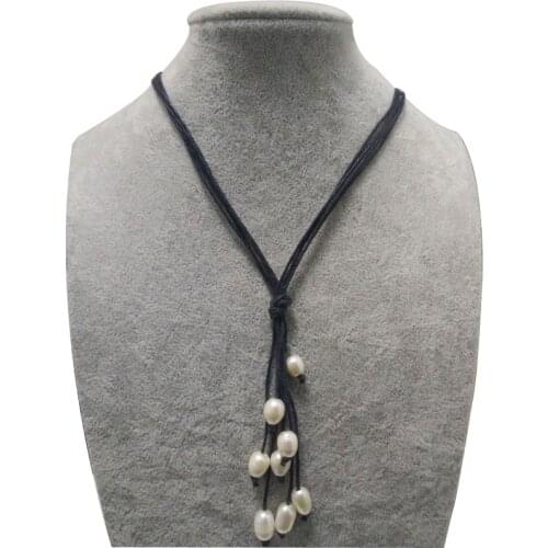 Wholesale Four Rows Natural White Freshwater Rice Pearl Handmade Black Wax Leather Tassel Necklace
