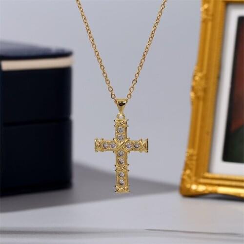 Simple Classic Cubic Zirconia CZ Copper Metal Cross Pendants Necklaces For Women Stainless Steel Gold Color O-chain Necklace