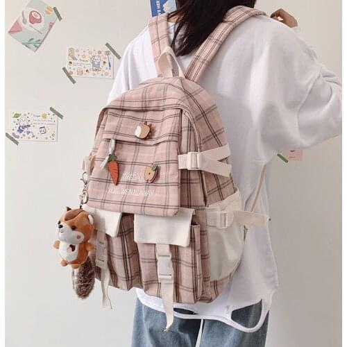 Girl Backpack 2021 New Female Student Schoolbag Japanese Canvas Preppy Style Plaid Travel Bag Women