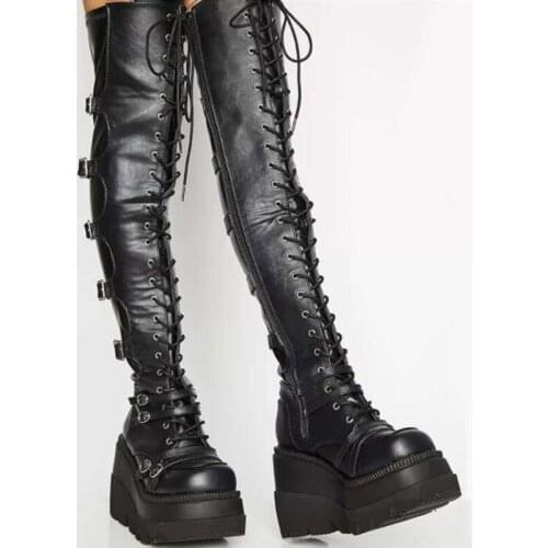 Cross-Laced Belt-Breasted Black High-Tube Over-The-Knee Boots Wedge Heel Inner Zipper Front Lace-Up Boots Motorcycle Punk Boots