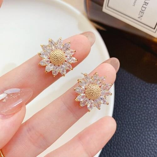 New Design 14K Gold Plated Flower Stud Earrings For Women Luxury Jewelry Zircon Earrings
