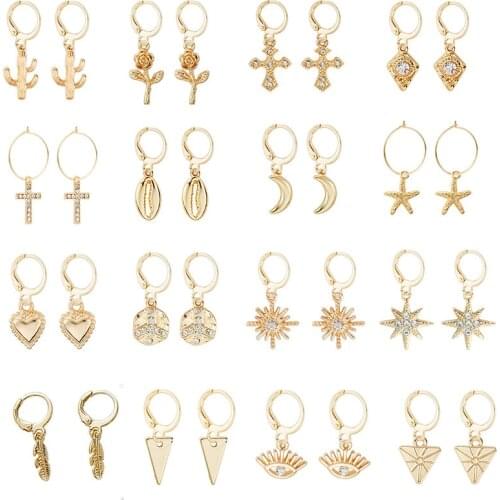 SOHOT Trendy Gold Color Alloy Chic Heart Moon Star Flower Cross Pendant Women Hoop Earrings Geometric Female Jewelry Brinco