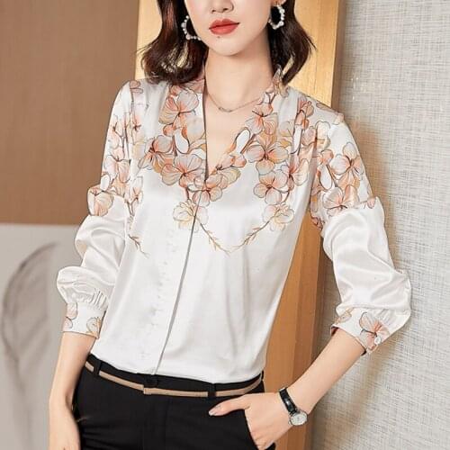 Silk silk shirt silk white silk womens elegant silk shirt casual long-sleeved floral blouse