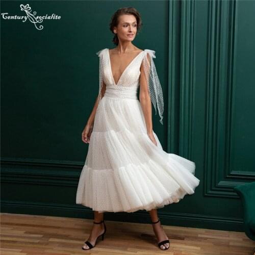 Sexy Boho Wedding Dresses Short Ankle Length Deep V-Neck Backless Bohemian Bridal Reception Gowns Bride Dress Robe De Mariee