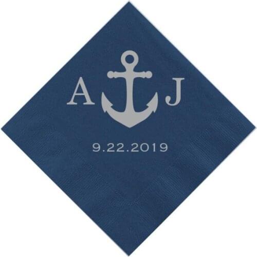 Monogrammed Nautical Anchor Wedding Napkins, Rehearsal Dinner, Engagement Party, Custom Bar Napkins,Personalised Wedding Napkins