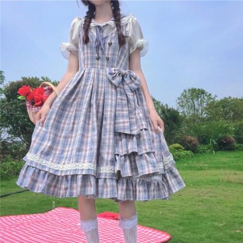 Loose Sleeveless Womens Dress Japanese Girly Sweet Bow Long Dresses Summer All-Match Plaid Female Streetwear V-Neck Clothing