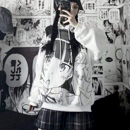 Spring Autumn Harajuku Hoodies Women Velvet Hooded Sweatshirts Printed Anime Two-dimensional Cartoon Pullovers Girls Streetwear