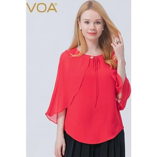 VOA Silk 30m/m Dream Red Tops Sleeveless Lace-up Ruffled Georgette Stitching Shawl Dovetail Design Harajuku Woman Tshirts BE723