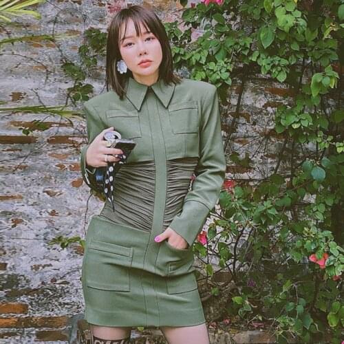 High Quality Bodycon Dress 2020 New Fashion Women Turn-down Collar Long Sleeve Ruched Spliced Pockets Zip Green Party Dress